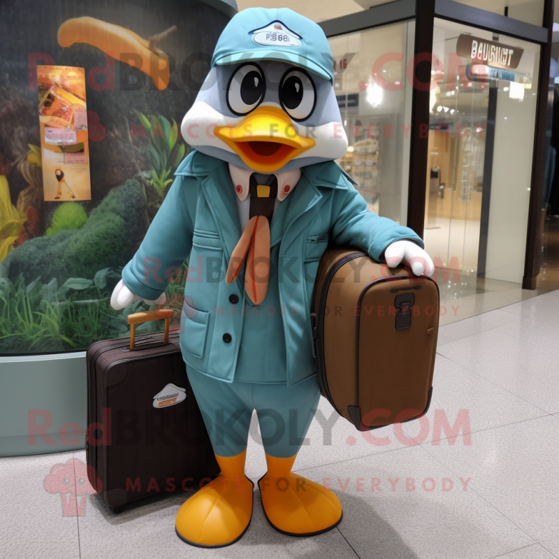 Teal Apricot mascot costume character dressed with a Parka and Briefcases