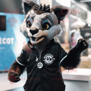 Black Civet mascot costume character dressed with a T-Shirt and Lapel pins