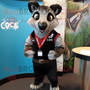 Black Civet mascot costume character dressed with a T-Shirt and Lapel pins