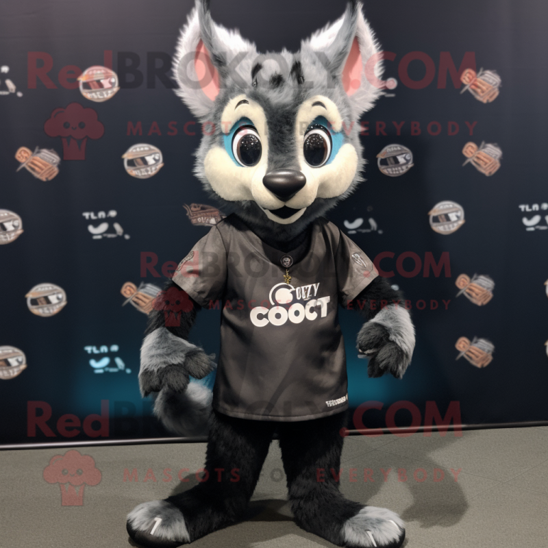 Black Civet mascot costume character dressed with a T-Shirt and Lapel pins