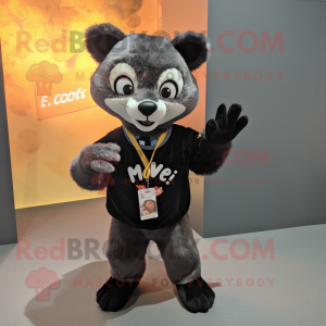 Black Civet mascot costume character dressed with a T-Shirt and Lapel pins