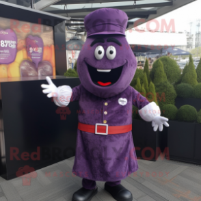 Purple Steak mascot costume character dressed with a Waistcoat and Keychains