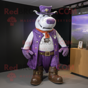Purple Steak mascot costume character dressed with a Waistcoat and Keychains