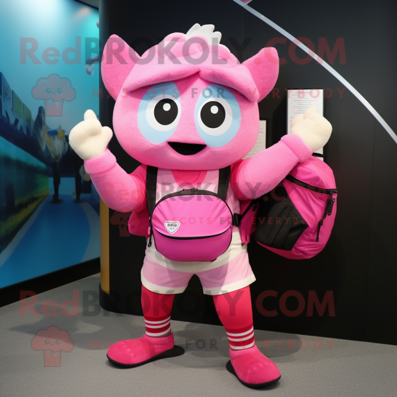 Pink Acrobat mascot costume character dressed with a Bermuda Shorts and Backpacks