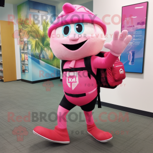 Pink Acrobat mascot costume character dressed with a Bermuda Shorts and Backpacks