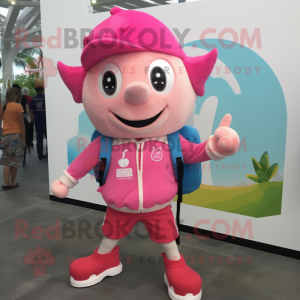 Pink Acrobat mascot costume character dressed with a Bermuda Shorts and Backpacks