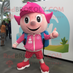 Pink Acrobat mascot costume character dressed with a Bermuda Shorts and Backpacks