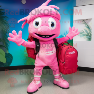 Pink Acrobat mascot costume character dressed with a Bermuda Shorts and Backpacks