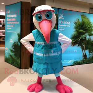 Turquoise Flamingo mascot costume character dressed with a Board Shorts and Pocket squares