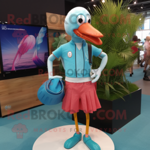 Turquoise Flamingo mascot costume character dressed with a Board Shorts and Pocket squares