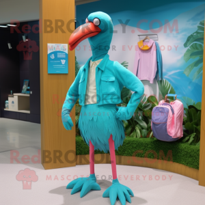 Turquoise Flamingo mascot costume character dressed with a Board Shorts and Pocket squares