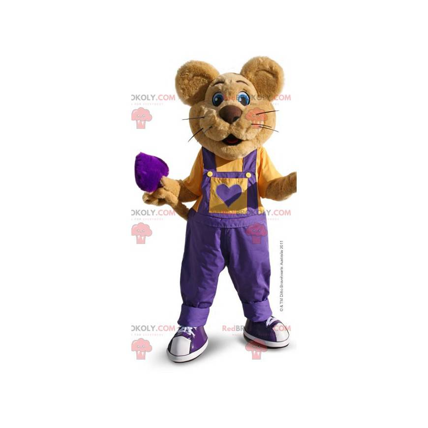 Mascote camundongo marrom com macacão roxo - Redbrokoly.com