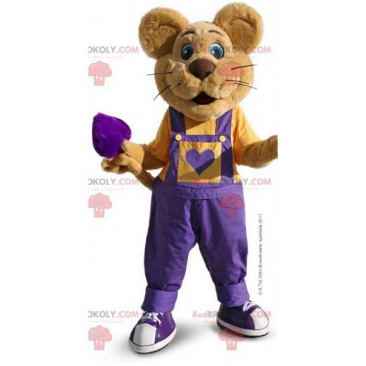 Mascotte de souris marron avec une salopette violette -