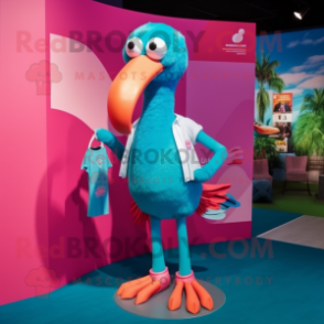 Turquoise Flamingo mascot costume character dressed with a Board Shorts and Pocket squares