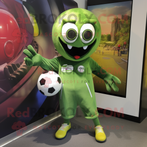 Olive Soccer Goal mascot costume character dressed with a Jumpsuit and Earrings