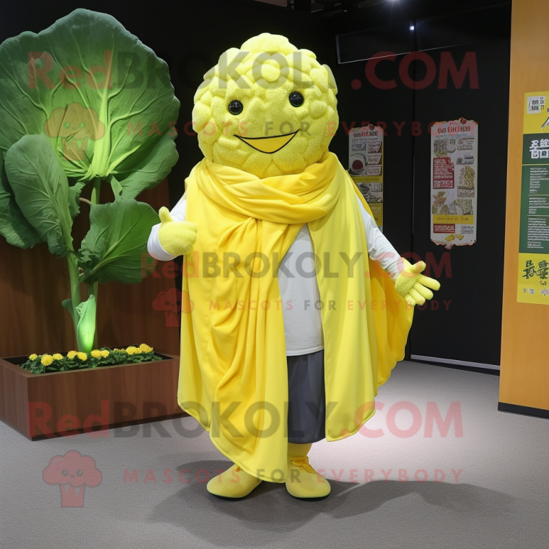 Lemon Yellow Cauliflower mascot costume character dressed with a V-Neck Tee and Shawls