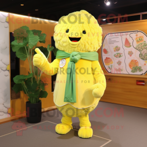 Lemon Yellow Cauliflower mascot costume character dressed with a V-Neck Tee and Shawls