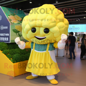 Lemon Yellow Cauliflower mascot costume character dressed with a V-Neck Tee and Shawls