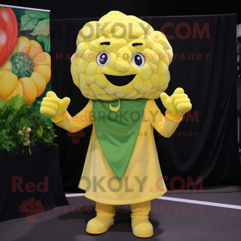 Lemon Yellow Cauliflower mascot costume character dressed with a V-Neck Tee and Shawls