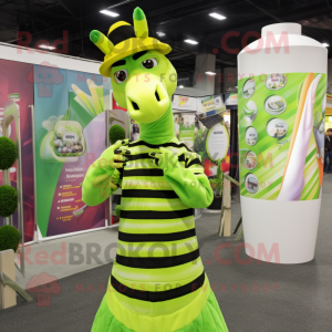 Lime Green Zebra mascot costume character dressed with a Evening Gown and Beanies