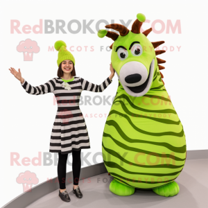 Lime Green Zebra mascot costume character dressed with a Evening Gown and Beanies