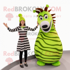 Lime Green Zebra mascot costume character dressed with a Evening Gown and Beanies