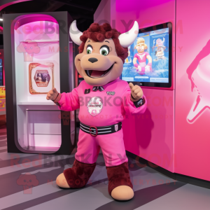 Pink Minotaur mascot costume character dressed with a Bomber Jacket and Anklets