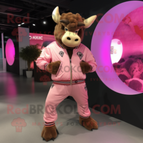 Pink Minotaur mascot costume character dressed with a Bomber Jacket and Anklets