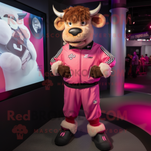 Pink Minotaur mascot costume character dressed with a Bomber Jacket and Anklets