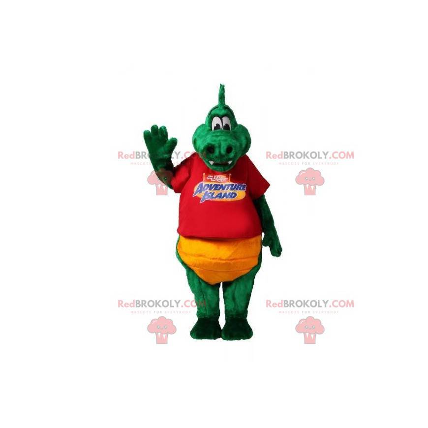 Mascote crocodilo verde e amarelo suave e divertido -