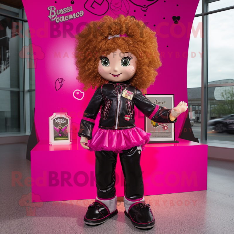 Magenta Irish Dancer mascot costume character dressed with a Biker Jacket and Coin purses Magenta Irish Dancer mascot costume character dressed with a Biker Jacket and Coin purses