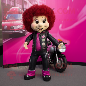 Magenta Irish Dancer mascot costume character dressed with a Biker Jacket and Coin purses