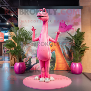 Pink Brachiosaurus mascot costume character dressed with a Bikini and Hair clips