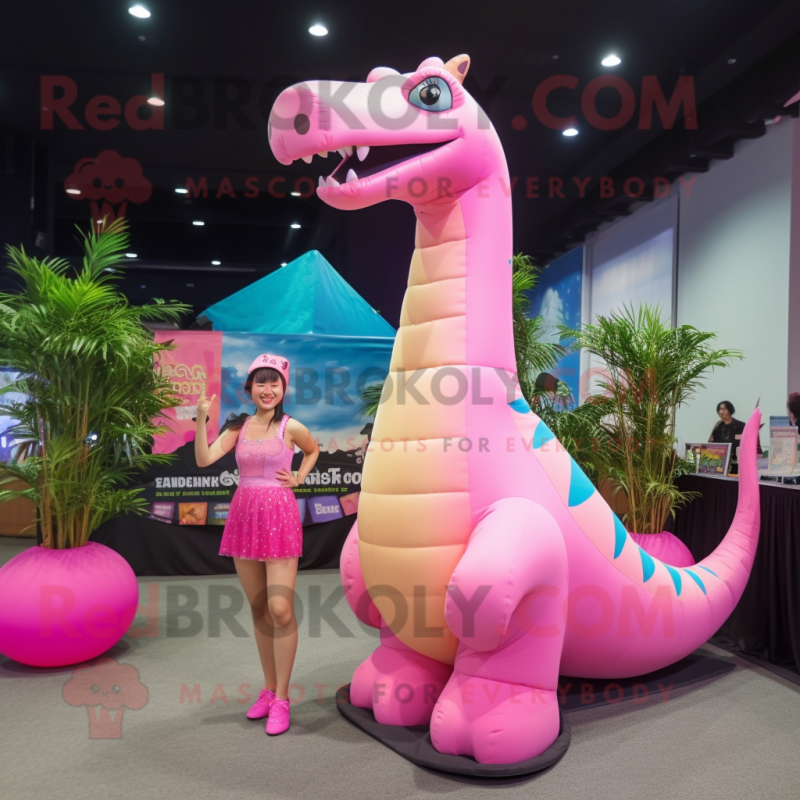 Pink Brachiosaurus mascot costume character dressed with a Bikini and Hair clips Pink Brachiosaurus mascot costume character dressed with a Bikini and Hair clips