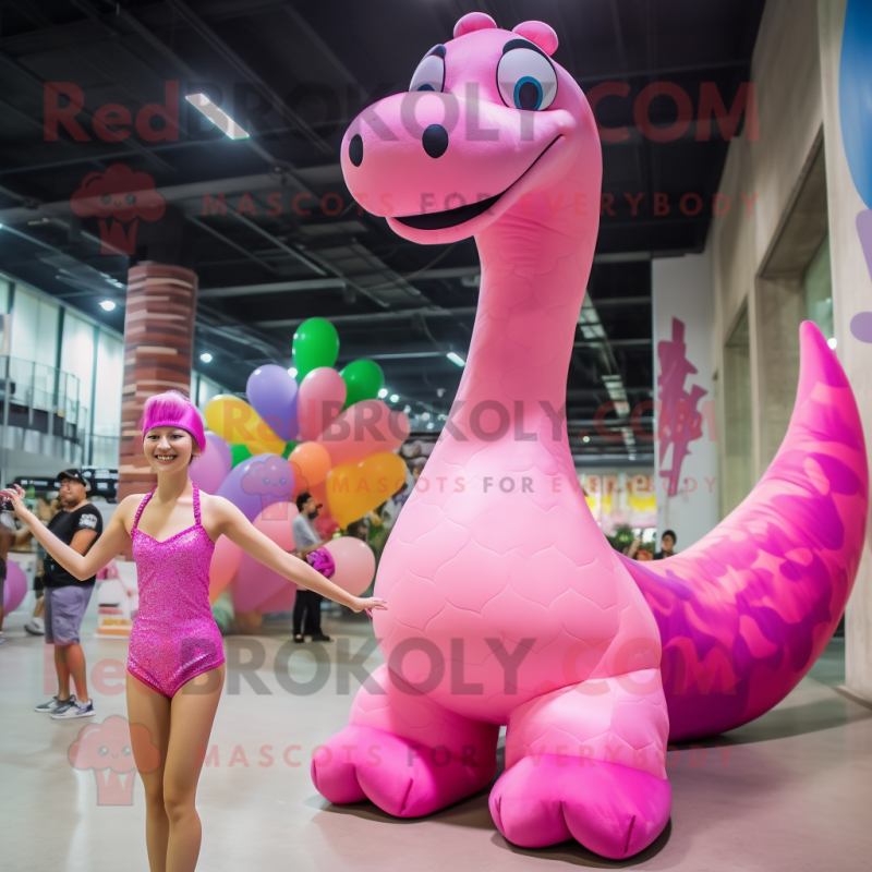 Pink Brachiosaurus mascot costume character dressed with a Bikini and Hair clips Pink Brachiosaurus mascot costume character dressed with a Bikini and Hair clips