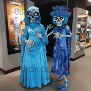 Blue Undead mascot costume character dressed with a Wrap Dress and Brooches