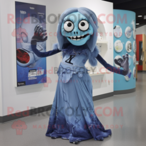 Blue Undead mascot costume character dressed with a Wrap Dress and Brooches