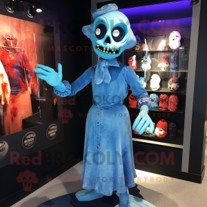 Blue Undead mascot costume character dressed with a Wrap Dress and Brooches