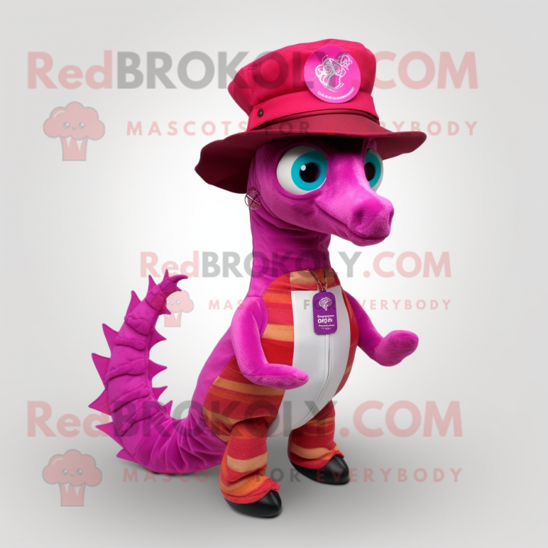 Magenta Seahorse mascot costume character dressed with a Vest and Hat pins Magenta Seahorse mascot costume character dressed with a Vest and Hat pins