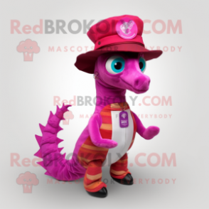 Magenta Seahorse mascot costume character dressed with a Vest and Hat pins