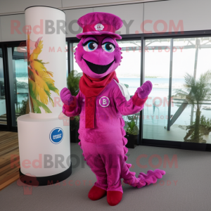 Magenta Seahorse mascot costume character dressed with a Vest and Hat pins