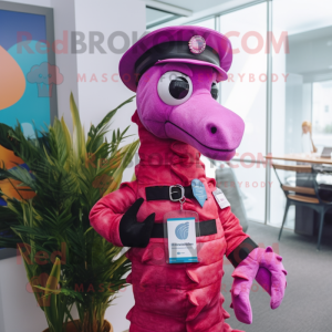 Magenta Seahorse mascot costume character dressed with a Vest and Hat pins