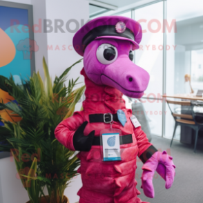 Magenta Seahorse mascot costume character dressed with a Vest and Hat pins