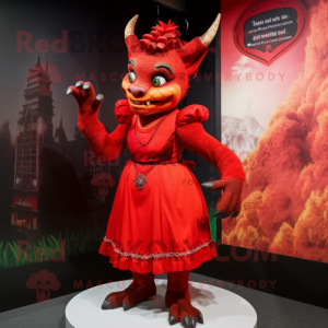 Red Gargoyle mascot costume character dressed with a Skirt and Hairpins