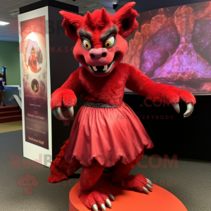 Red Gargoyle mascot costume character dressed with a Skirt and Hairpins