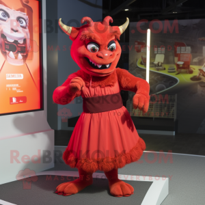 Red Gargoyle mascot costume character dressed with a Skirt and Hairpins