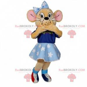 Beige muis mascotte met een blauwe jurk en een strik -