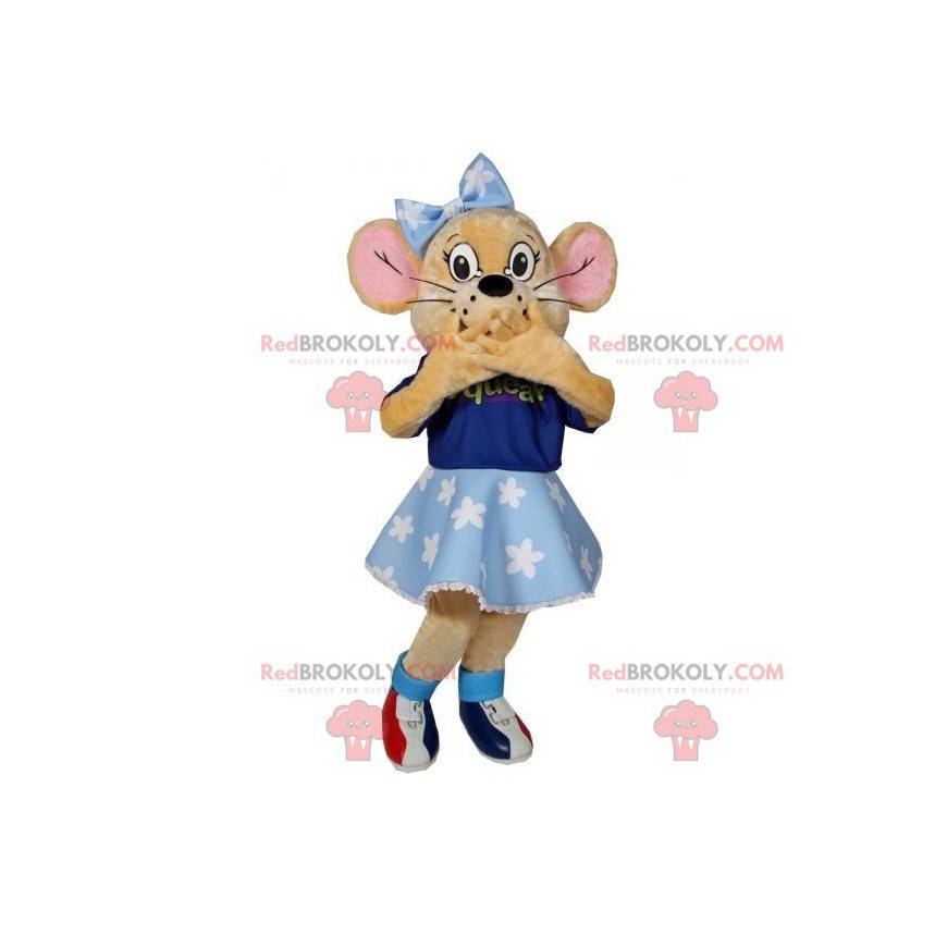 Beige Maus Maskottchen mit einem blauen Kleid und einer