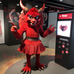 Red Gargoyle mascot costume character dressed with a Skirt and Hairpins