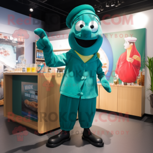 Teal Green Beer mascot costume character dressed with a Leggings and Berets